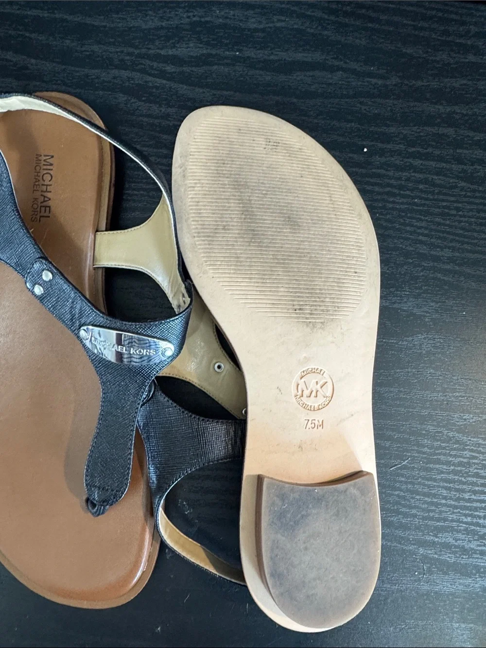 Michael Kors Black and White T-Strap Leather Sandals